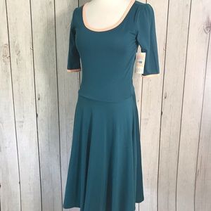 LuLaRoe XS Nicole Ringer Green w/Peach Trim Dress
